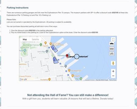 Junior Achievement of Northern California Business Hall of Fame event registration page featuring a map for parking instructions