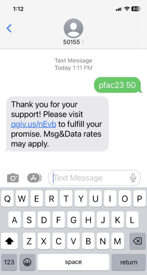 screenshot of a mobile giving text donation